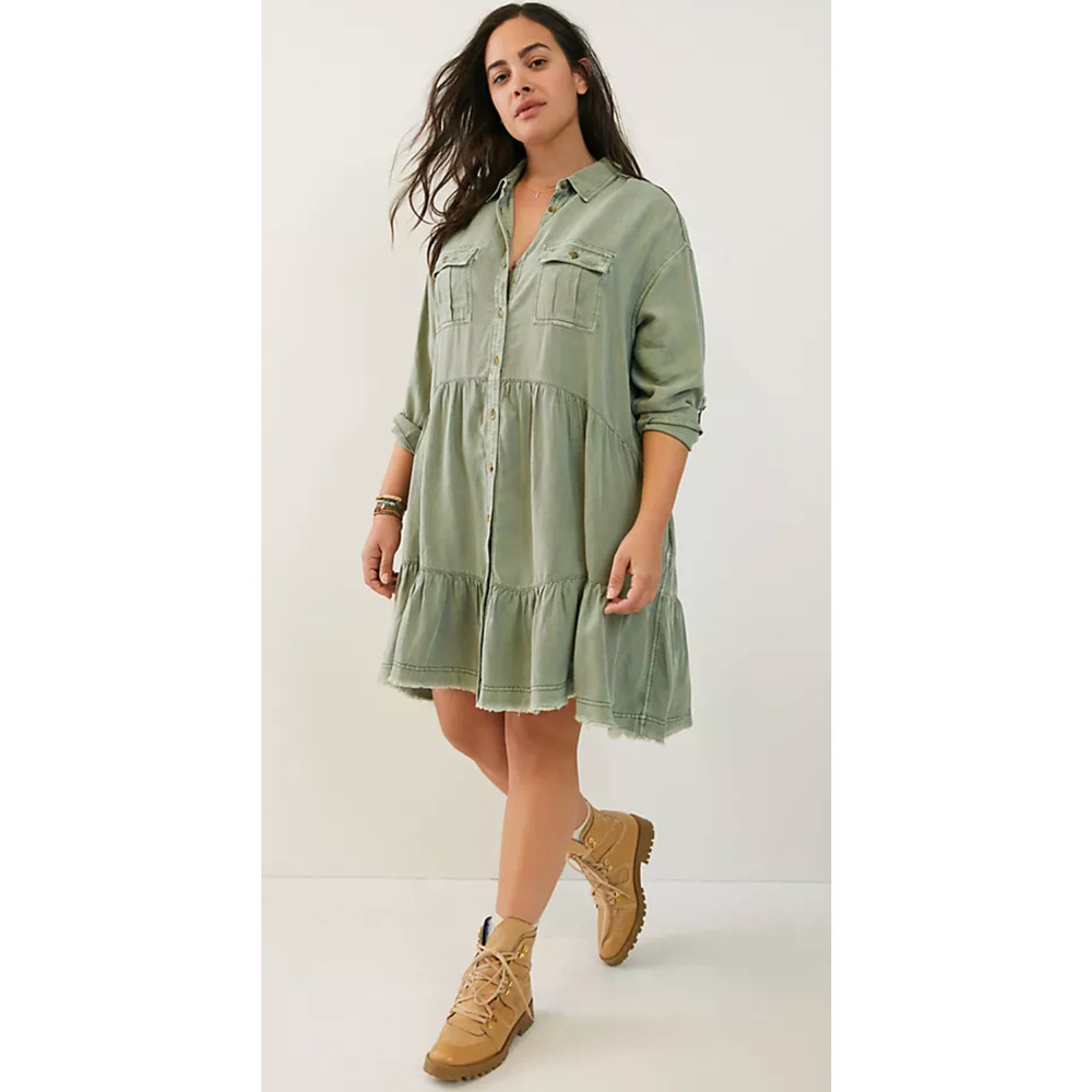 Anthropologie Pilcro Women Deanne Tiered Mini Shirtdress M Green Western Boho